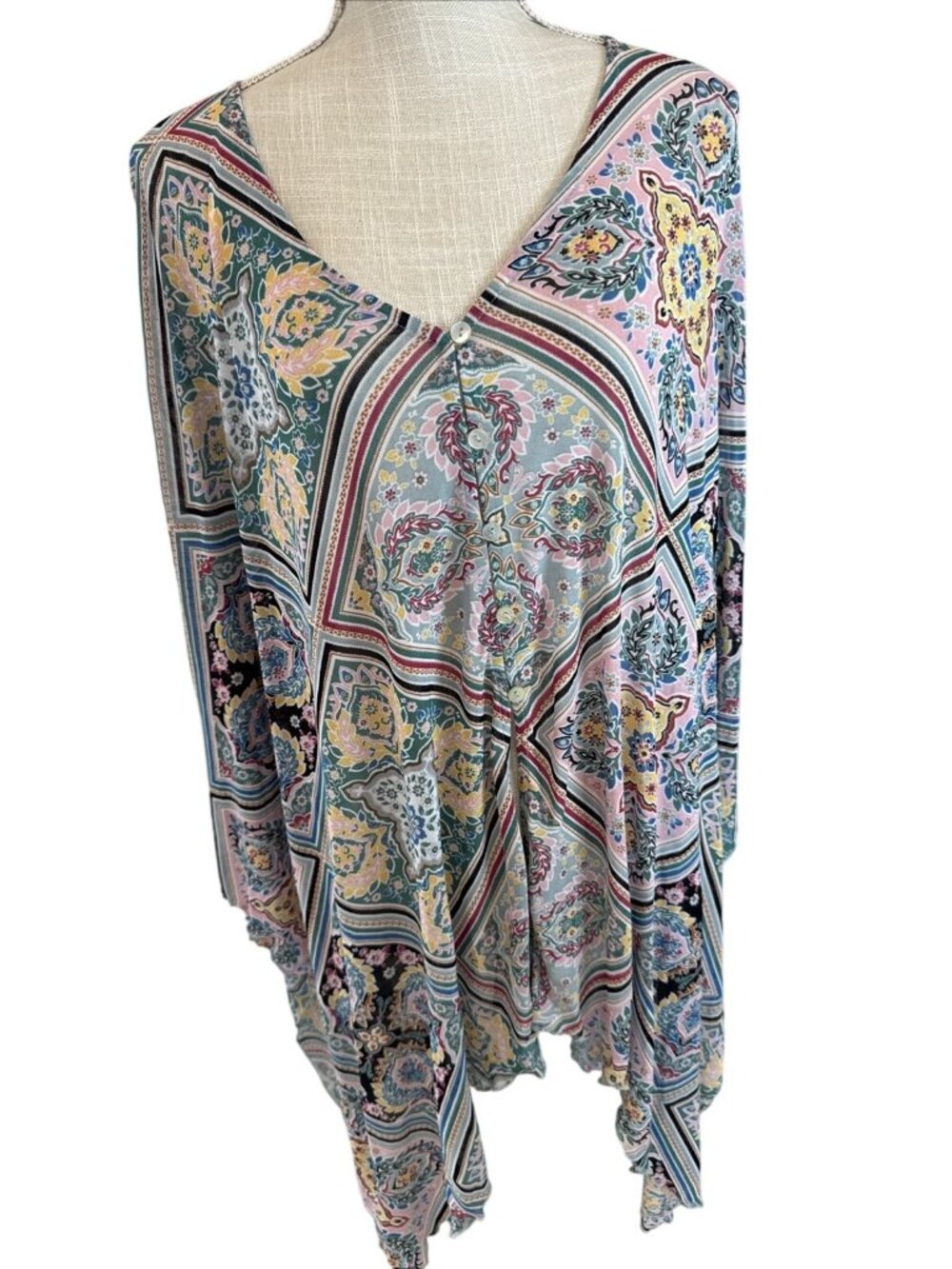 Cha-Cha Vente Multicolor Geometric Print Tunic Poncho Style Top M